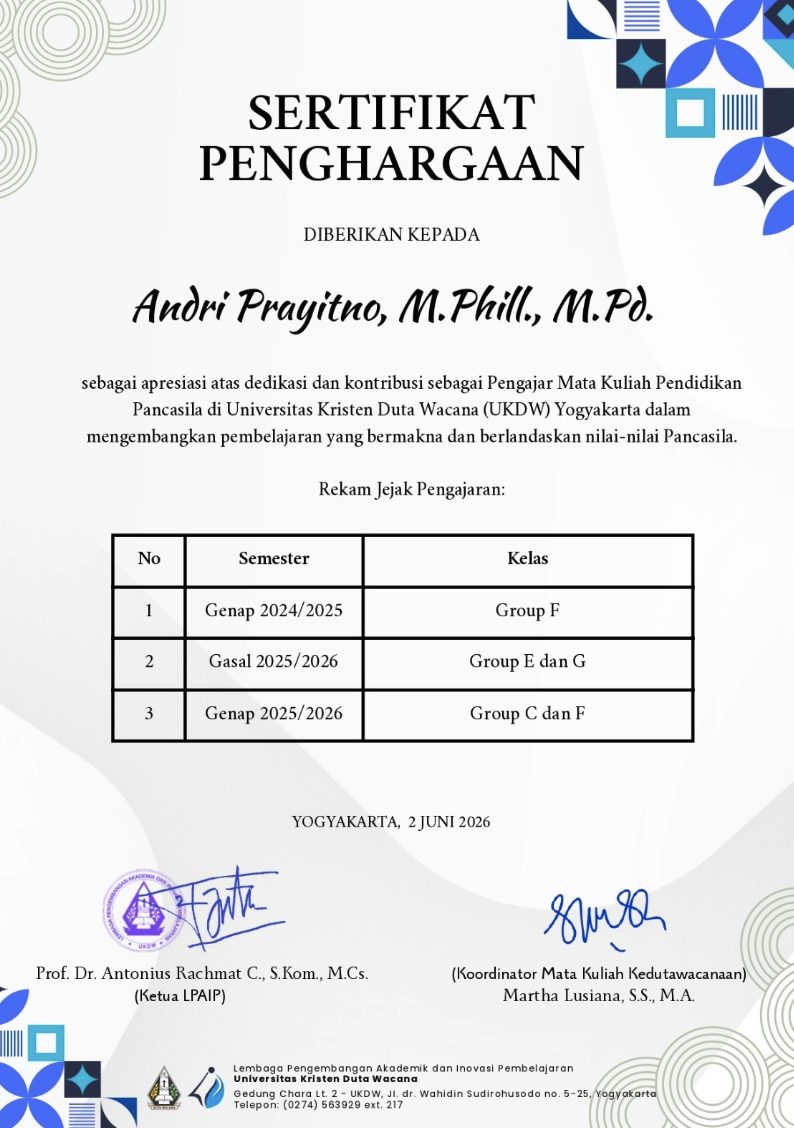 Bukti mengajar Pancasila di UKDW