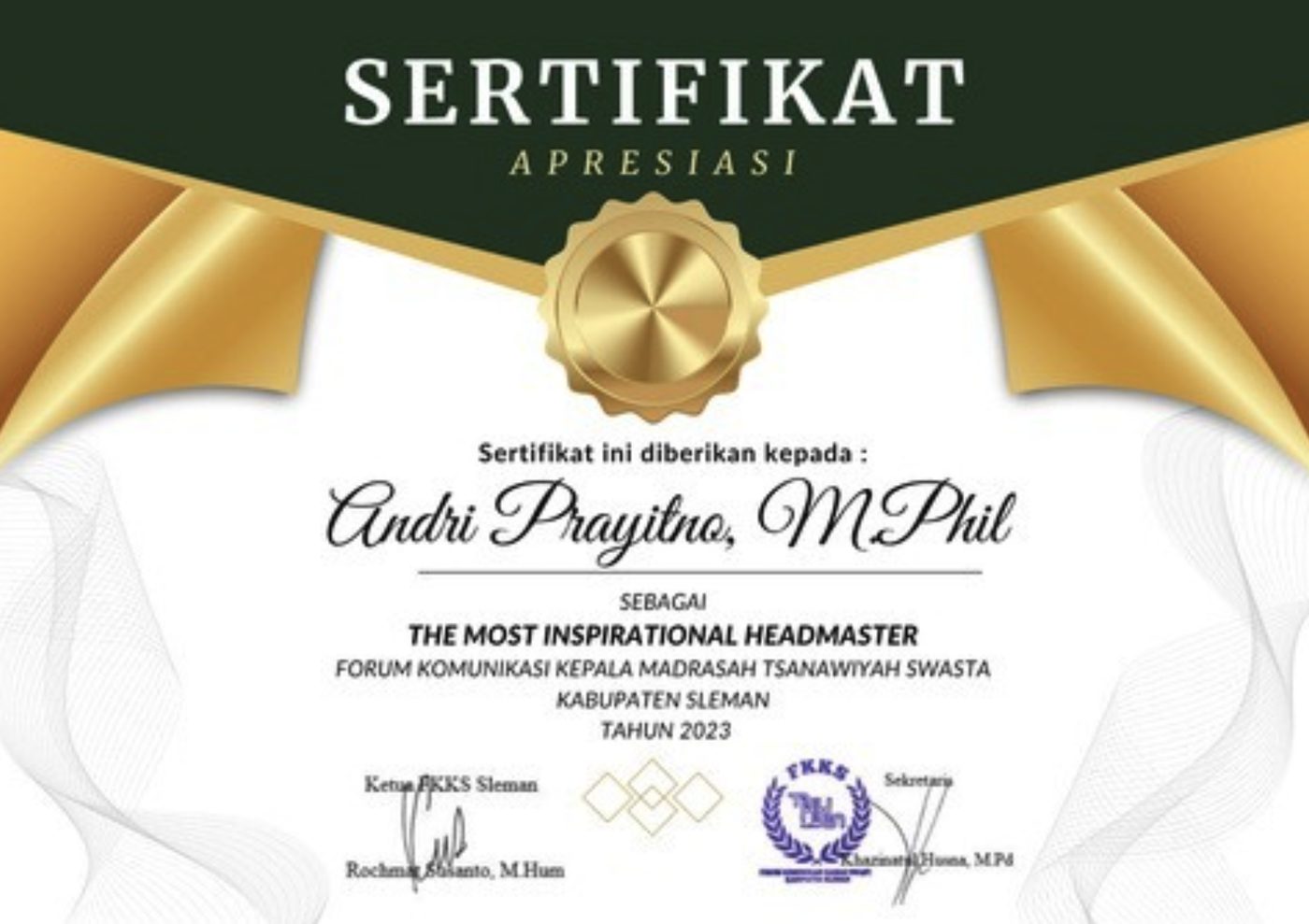 Sertifikat The Most Inspirational Headmaster 2023