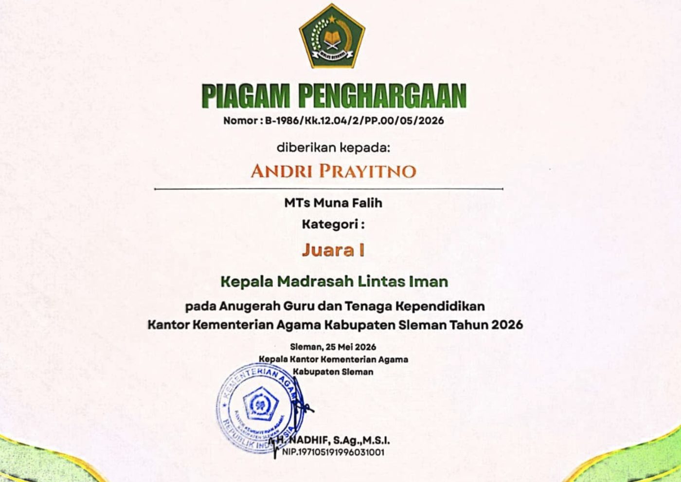 Piagam penghargaan lintas iman 2026 Kabupaten Sleman